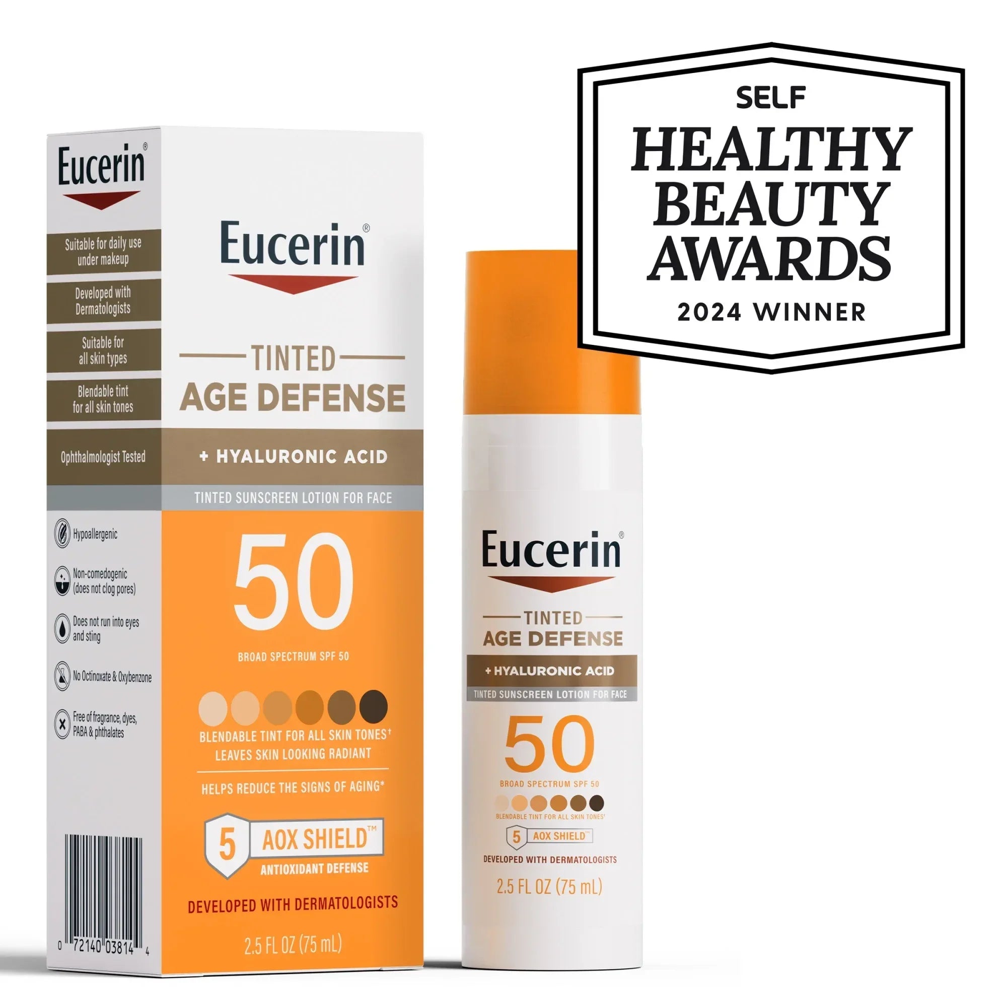 Wholesale Price with free shipping across the USA for Eucerin Sun Age Defense Tinted Face Sunscreen Lotion, Hyaluronic Acid, Blendable, SPF 50, 2.5 fl oz - Manji Distributors