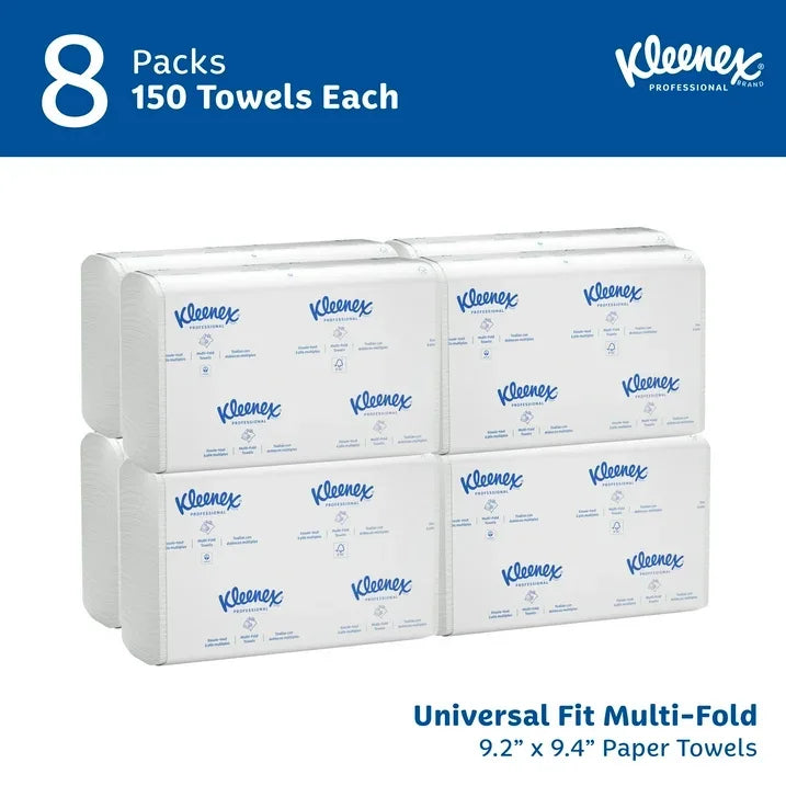 Wholesale Price with free shipping across the USA for Kleenex Professional Universal Multifold Paper Towels, Bulk (02046), Absorbency Pockets, 8 Packs of 150 Sheets - Manji Distributors