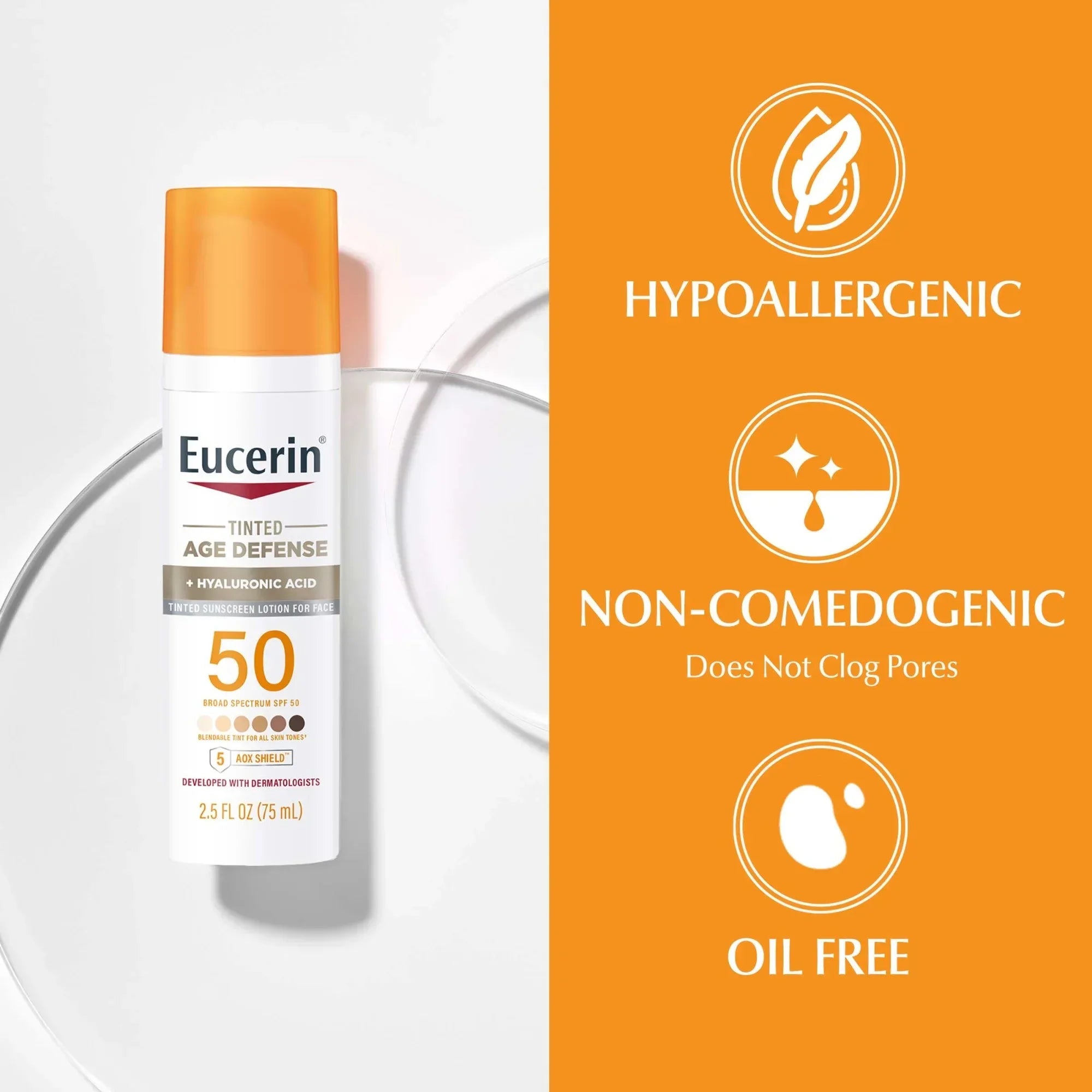 Wholesale Price with free shipping across the USA for Eucerin Sun Age Defense Tinted Face Sunscreen Lotion, Hyaluronic Acid, Blendable, SPF 50, 2.5 fl oz - Manji Distributors