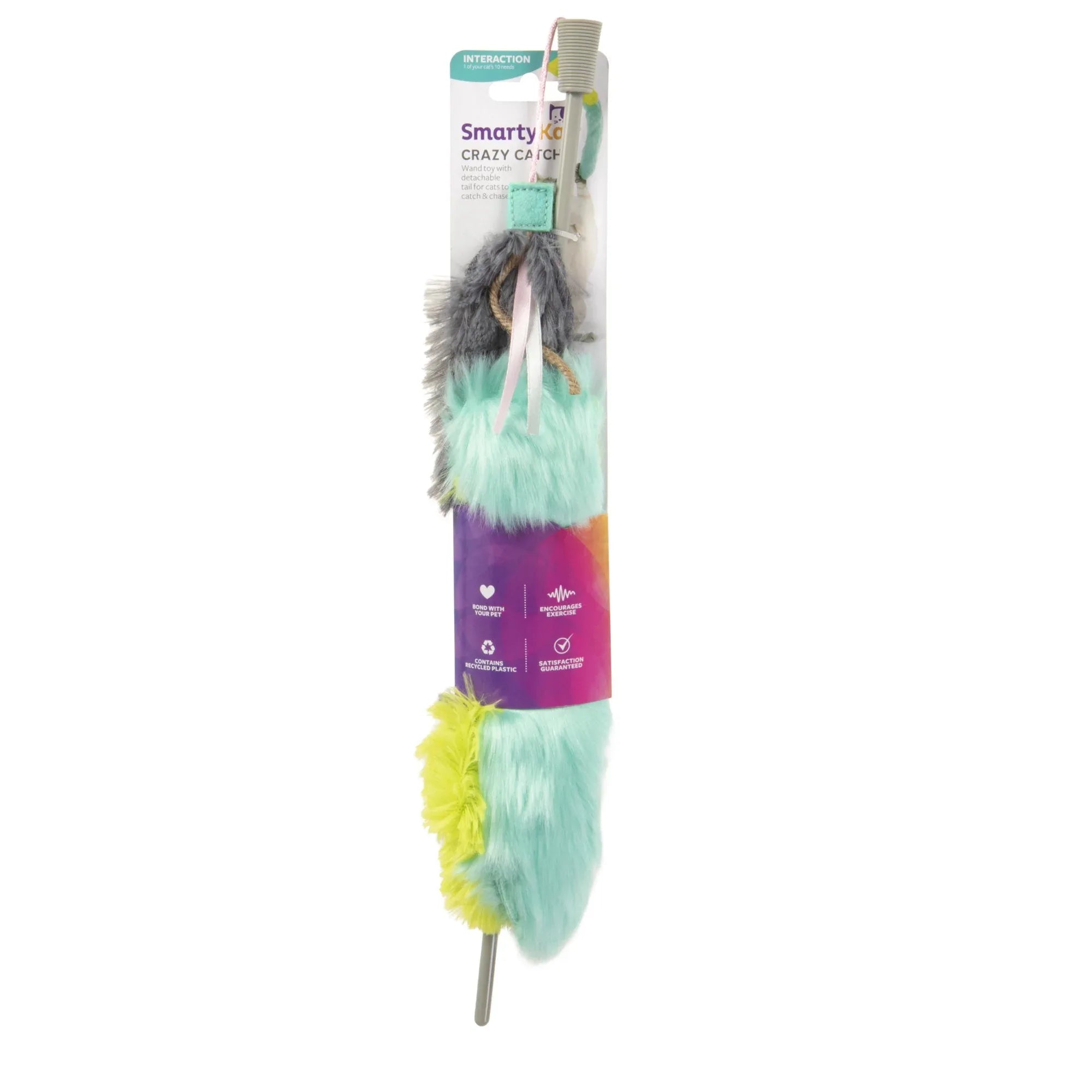 Wholesale Price with free shipping across the USA for SmartyKat Crazy Catch Extra Long Breakaway Plush Wand Cat Toy with Ribbons & Jute, Gray/Blue - Manji Distributors