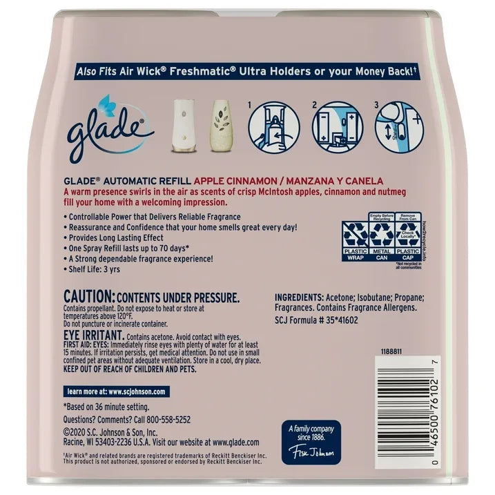 Wholesale Price with free shipping across the USA for Glade Automatic Spray Refill 2 ct, Apple Cinnamon, 12.4 oz. Total, Air Freshener - Manji Distributors