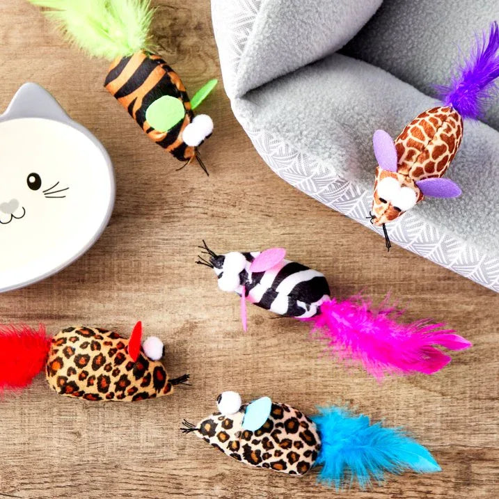 Wholesale Price with free shipping across the USA for (5 pack) Vibrant Life Safari Feather Mice Cat Toy, Assorted Colors - Manji Distributors
