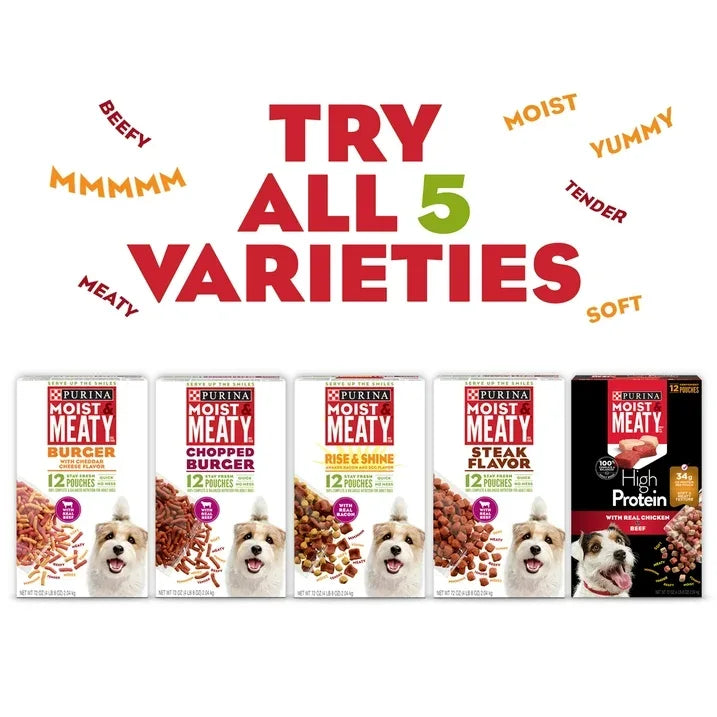 Wholesale Price with free shipping across the USA for Purina Moist & Meaty Dry Dog Food, High Protein Steak Flavor with Real Beef, 6 oz Pouches (36 Pack) - Manji Distributors
