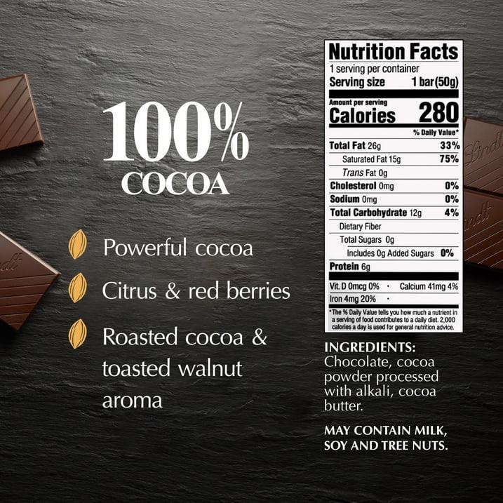 Wholesale Price with free shipping across the USA for Lindt Excellence, Dark Chocolate, 100% Cocoa, Candy Bar, 1.7 oz, Bar - Manji Distributors