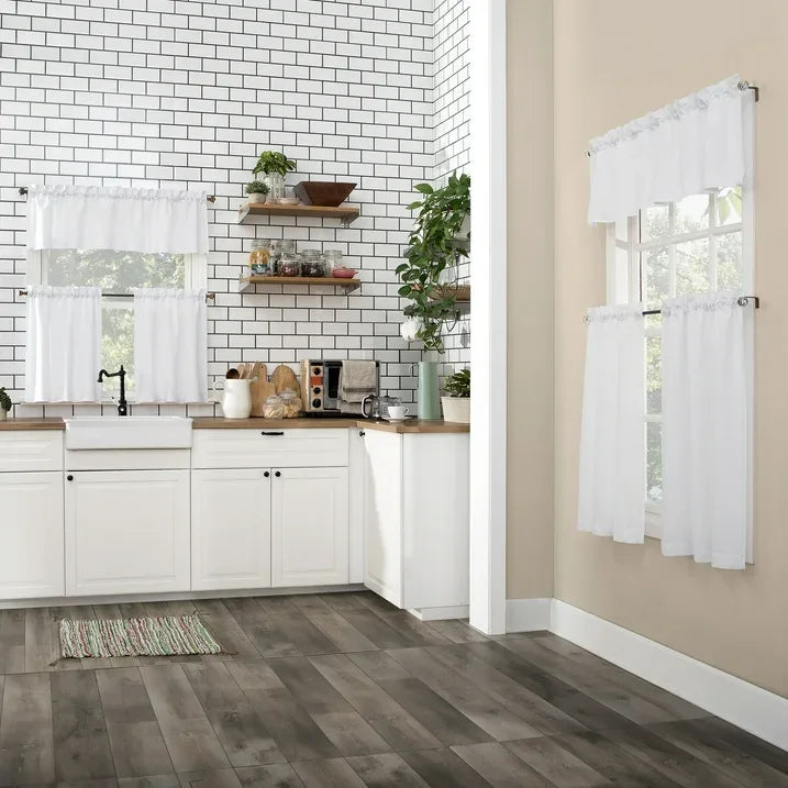 Wholesale Price with free shipping across the USA for Mainstays 3-Piece Semi Sheer Rod Pocket Kitchen Window Tier Pair and Valance, 2 Café Curtains and 1 Curtain Valance, White, 54