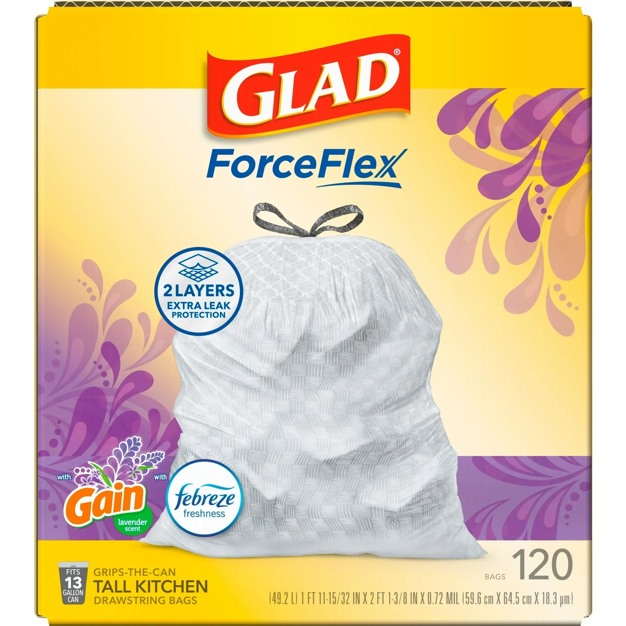 Wholesale Price with free shipping across the USA for Glad ForceFlex Tall Kitchen Drawstring Trash Bags, 13 Gallon, Gain Lavender with Febreze Freshness, 120 Count - Manji Distributors