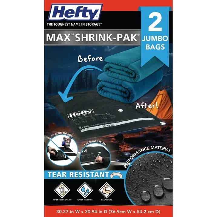 Wholesale Price with free shipping across the USA for Hefty Max Shrink-Pak 2 Jumbo Vacuum Compression Bags, Closet Garage Organizers, Black, Adults / Tweens - Manji Distributors