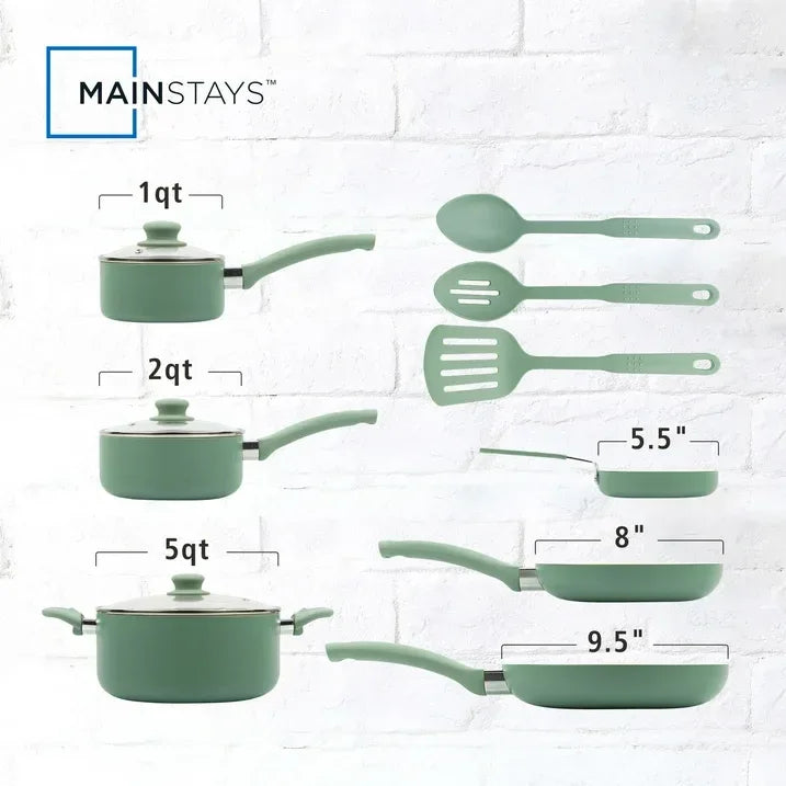 Wholesale Price with free shipping across the USA for Mainstays Ceramic Aluminum, 12 Piece, Pots and Pans Cookware Set Green Nonstick - Manji Distributors