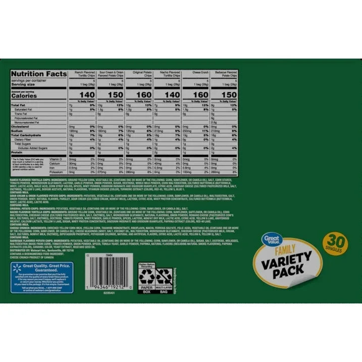 Wholesale Price with free shipping across the USA for Great Value Family Variety Chips Pack, 30 Count, 1 oz - Manji Distributors