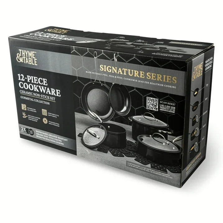 Wholesale Price with free shipping across the USA for Thyme and Table 12 Piece Nonstick Aluminum Cookware Set, Pots and Pans Set - Gunmetal - Manji Distributors