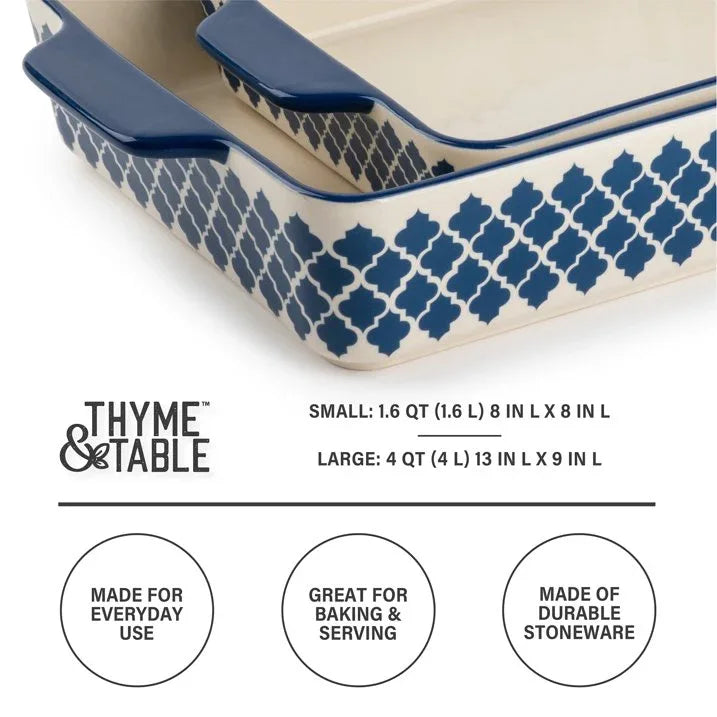 Wholesale Price with free shipping across the USA for Thyme & Table Stoneware Square & Rectangular Baker, Blue Pattern, 2-Piece Set - Manji Distributors