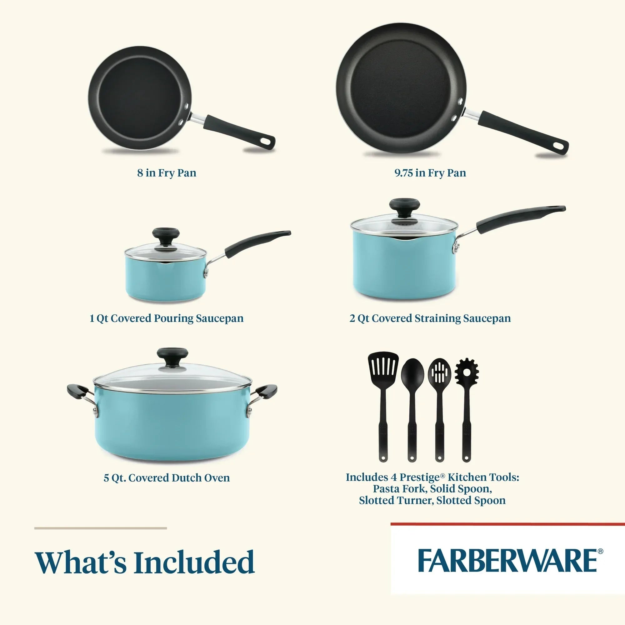 Wholesale Price with free shipping across the USA for Farberware Easy Clean 12 Pcs Nonstick Cookware Set with Cooking Tools, Dishwasher Safe, Aqua - Manji Distributors