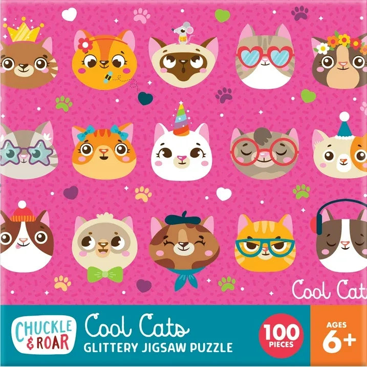 Wholesale Price with free shipping across the USA for Chuckle & Roar 100-Piece Cool Cats Glittery Interlocking Jigsaw Puzzle for Children Ages 6+ - Manji Distributors