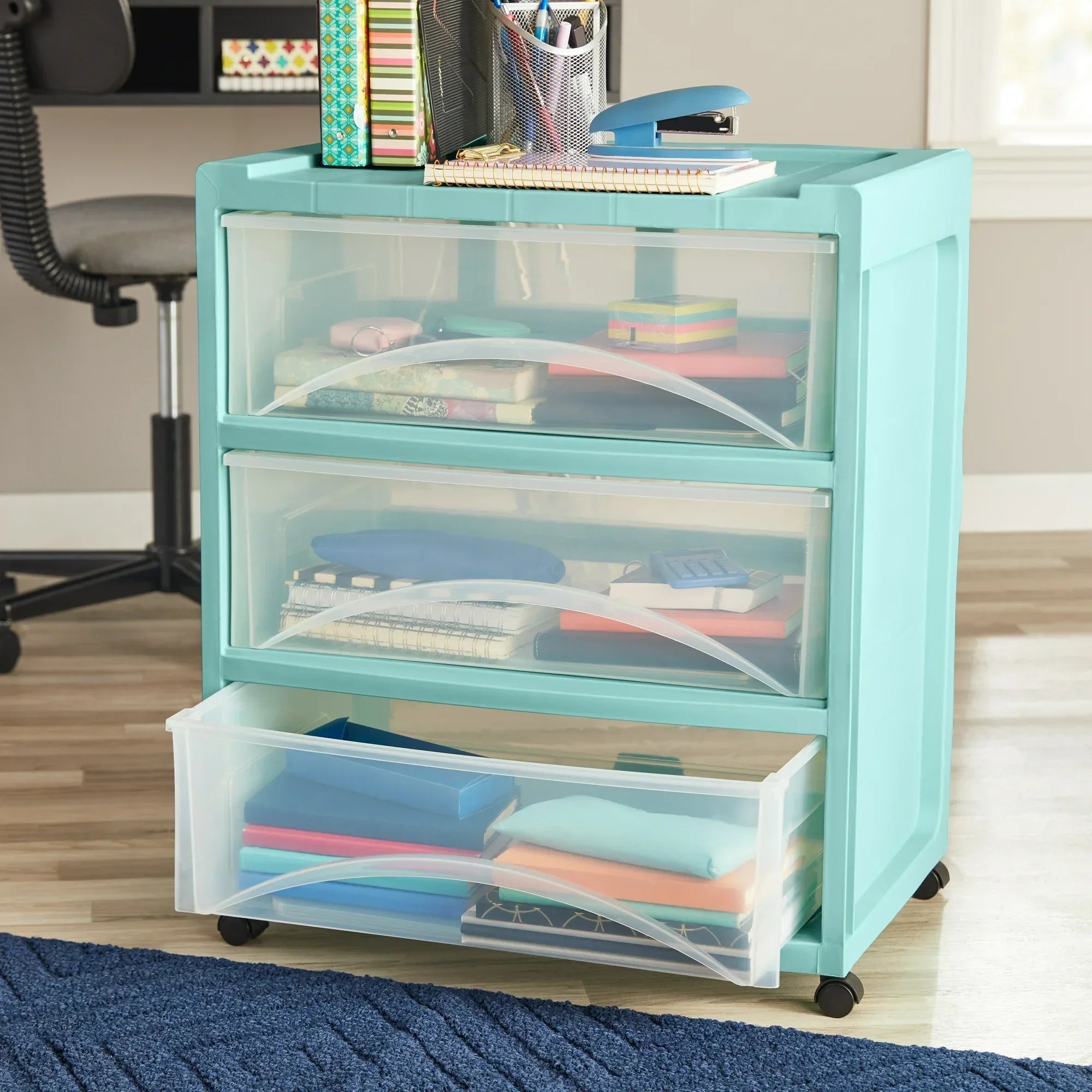 Wholesale Price with free shipping across the USA for Mainstays 3-Drawer Wide Plastic Storage Cart, Mint, with Casters - Manji Distributors