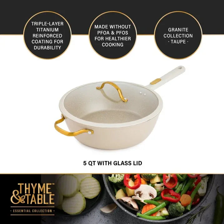 Wholesale Price with free shipping across the USA for Thyme & Table 5-Quart Non-Stick Aluminum Sauté Pan - Taupe & Gold, Granite Collection - Manji Distributors