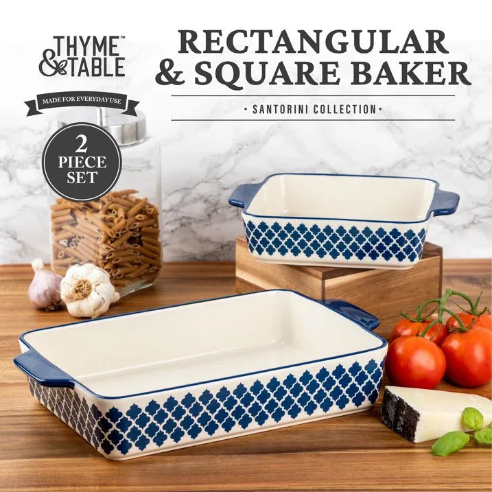 Wholesale Price with free shipping across the USA for Thyme & Table Stoneware Square & Rectangular Baker, Blue Pattern, 2-Piece Set - Manji Distributors