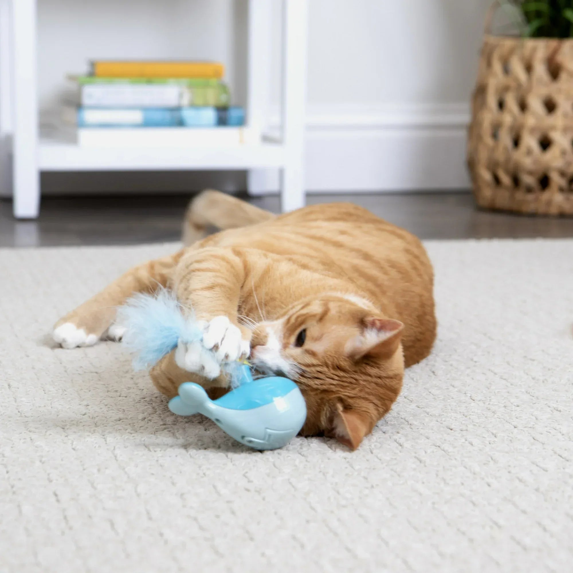 Wholesale Price with free shipping across the USA for SmartyKat Spout 'N Spin Motion Cat Toy with Twirling Feathers & Ribbons, Blue Whale - Manji Distributors