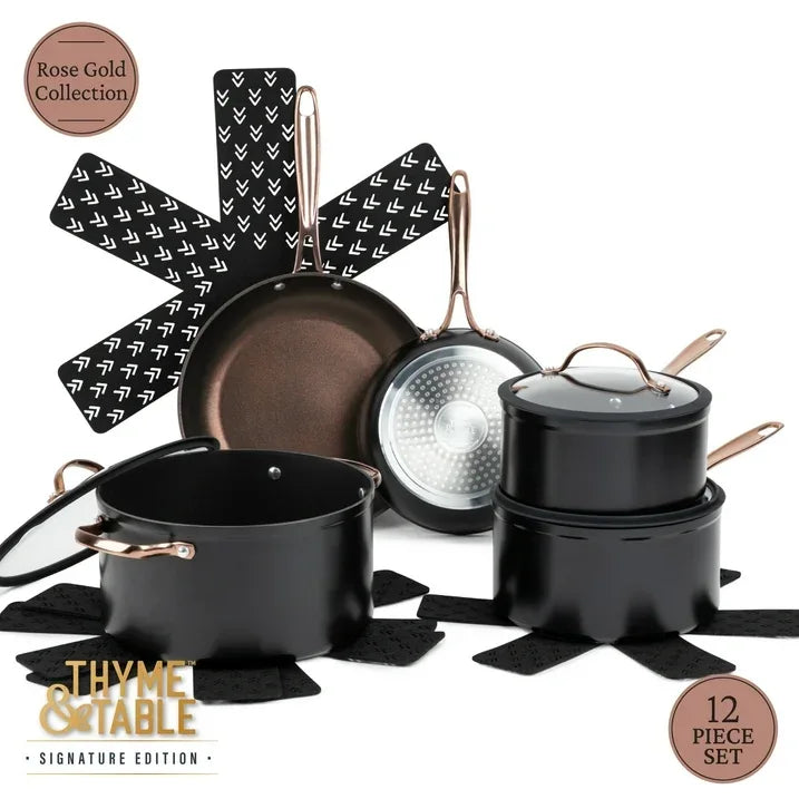 Wholesale Price with free shipping across the USA for Thyme & Table 12-Piece Non-Stick Cookware Set, Signature Collection Pots and Pans Set - Rose Gold, - Manji Distributors