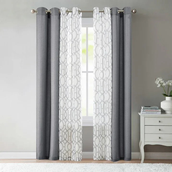 Wholesale Price with free shipping across the USA for (2 pack) Mainstays Kingswood Solid and Printed Sheer Grommet Curtain Panel Set, 4 Piece, Gray Flannel, 27.5