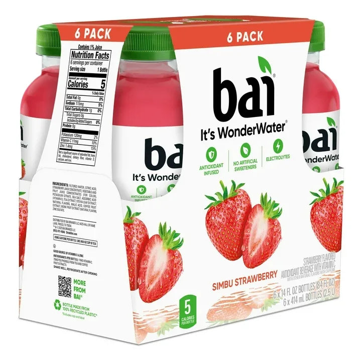 Wholesale Price with free shipping across the USA for Bai Simbu Strawberry Antioxidant Infused Water Beverage, 14 fl oz, 6 Pack Bottles - Manji Distributors
