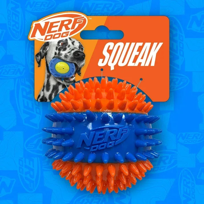 Wholesale Price with free shipping across the USA for Nerf Dog Squeaky Dental Spike Ball Dog Toy, Orange/Blue, 2.7 inch - Manji Distributors