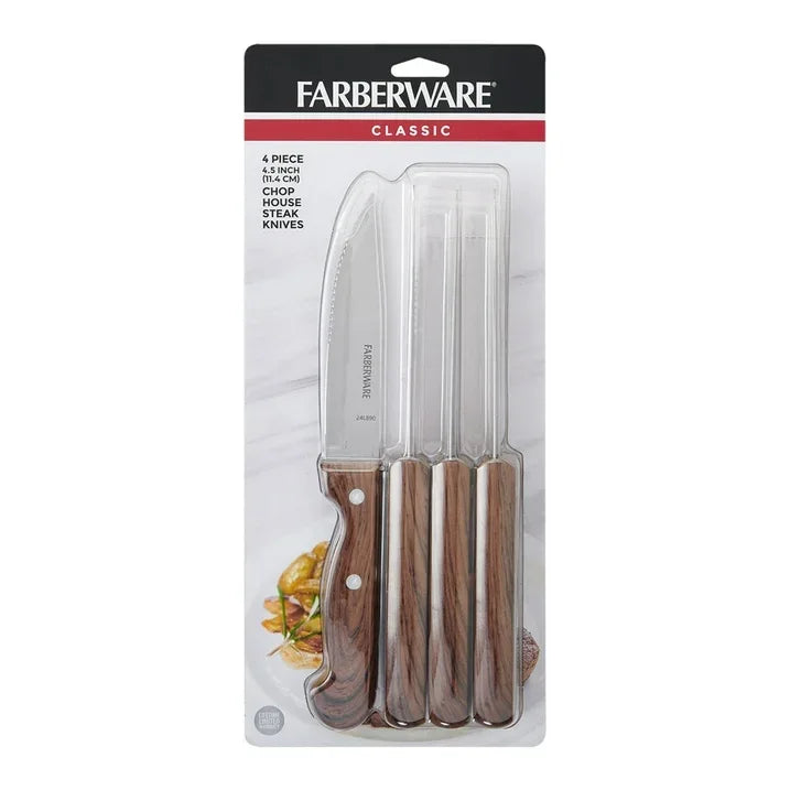 Wholesale Price with free shipping across the USA for Farberware Classic 4-Piece Stainless Steel Steak Knife Set, Faux Wood Handles - Manji Distributors