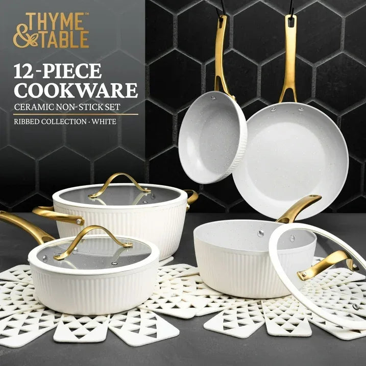 Wholesale Price with free shipping across the USA for Thyme & Table 12-Piece Non-Stick Signature Cookware Set, Pots and Pans Set- White & Gold - Manji Distributors