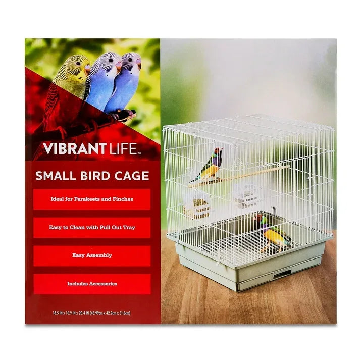 Wholesale Price with free shipping across the USA for Vibrant Life Small Bird Cage with Perch, Plastic Hooded Cup & Tray for Parakeets & Finches, White - Manji Distributors