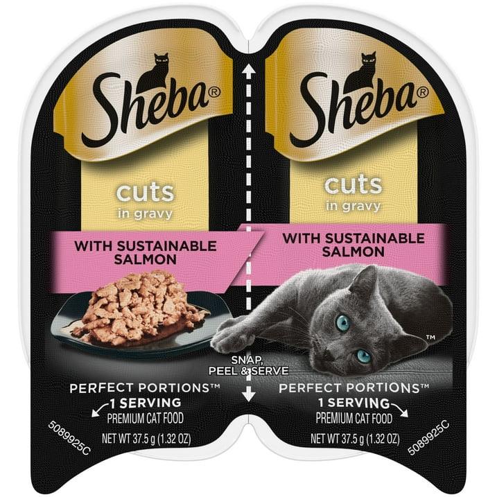 Wholesale Price with free shipping across the USA for (24 pack) Sheba Perfect Portions Cuts In Gravy With Sustainable Salmon Cat Food, 2.6 Oz Twin-Pack Tray - Manji Distributors