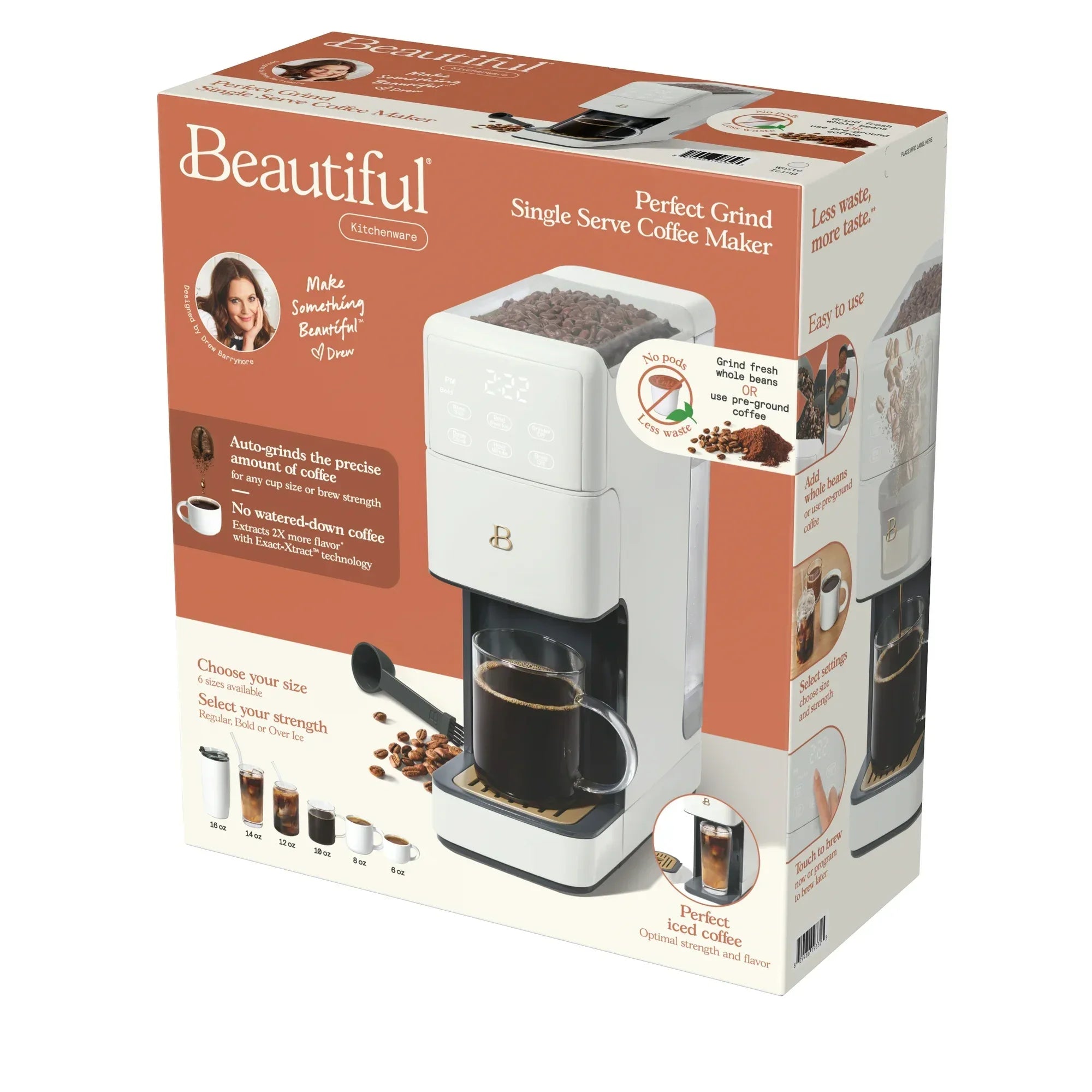 Wholesale Price with free shipping across the USA for Beautiful Perfect Grind™ Programmable Single Serve Coffee Maker, White Icing by Drew Barrymore - Manji Distributors