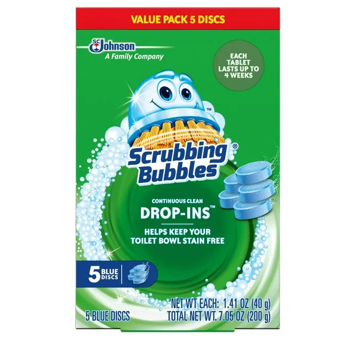 Wholesale Price with free shipping across the USA for (6 pack) Scrubbing Bubbles Continuous Clean Drop-Ins - One Toilet Bowl Cleaner Tablet Lasts Up to 4 Weeks, 5 Blue Discs, 7.05 oz - Manji Distributors