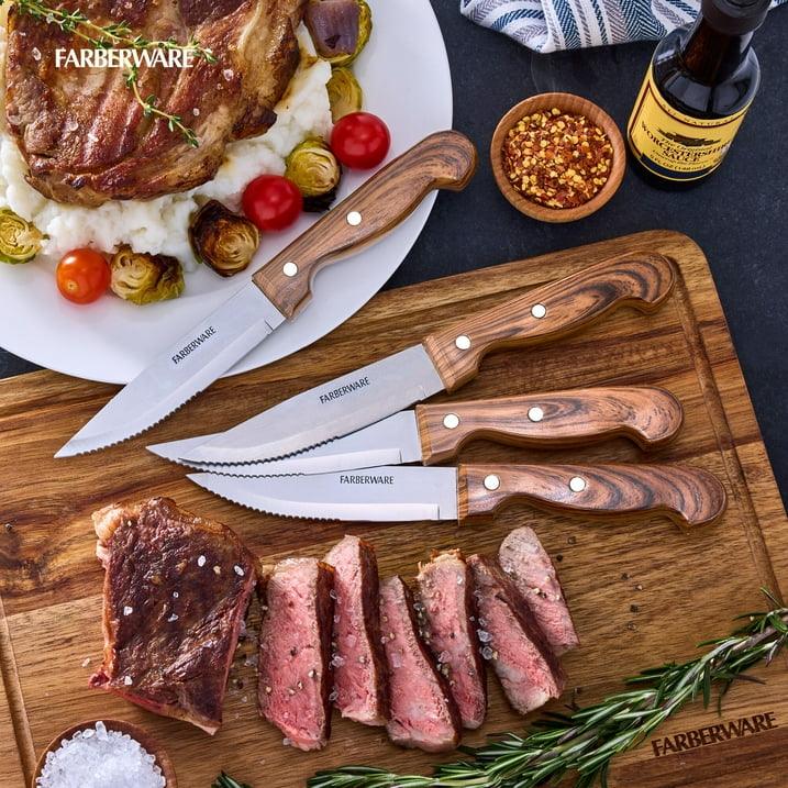 Wholesale Price with free shipping across the USA for Farberware Classic 4-Piece Stainless Steel Steak Knife Set, Faux Wood Handles - Manji Distributors