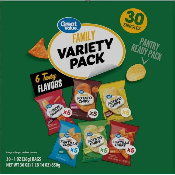 Wholesale Price with free shipping across the USA for Great Value Family Variety Chips Pack, 30 Count, 1 oz - Manji Distributors