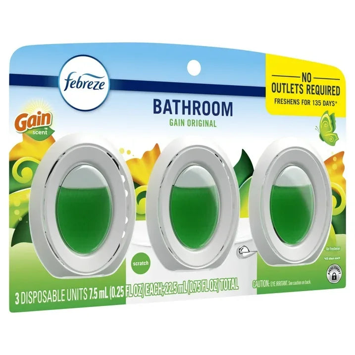 Wholesale Price with free shipping across the USA for Febreze Odor-Fighting BATH Air Freshener, Gain Original Scent, 3 Count - Manji Distributors