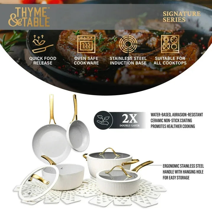Wholesale Price with free shipping across the USA for Thyme & Table 12-Piece Non-Stick Signature Cookware Set, Pots and Pans Set- White & Gold - Manji Distributors