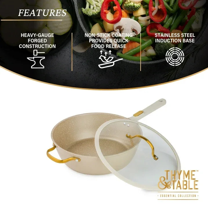 Wholesale Price with free shipping across the USA for Thyme & Table 5-Quart Non-Stick Aluminum Sauté Pan - Taupe & Gold, Granite Collection - Manji Distributors