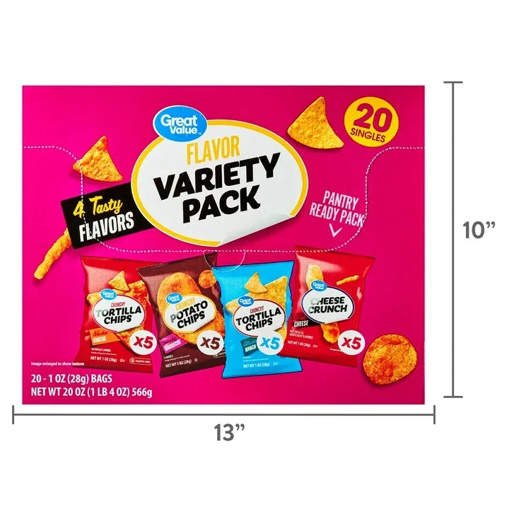 Wholesale Price with free shipping across the USA for Great Value Tasty Chips Variety Pack, 1 oz, 20 count Box - Manji Distributors